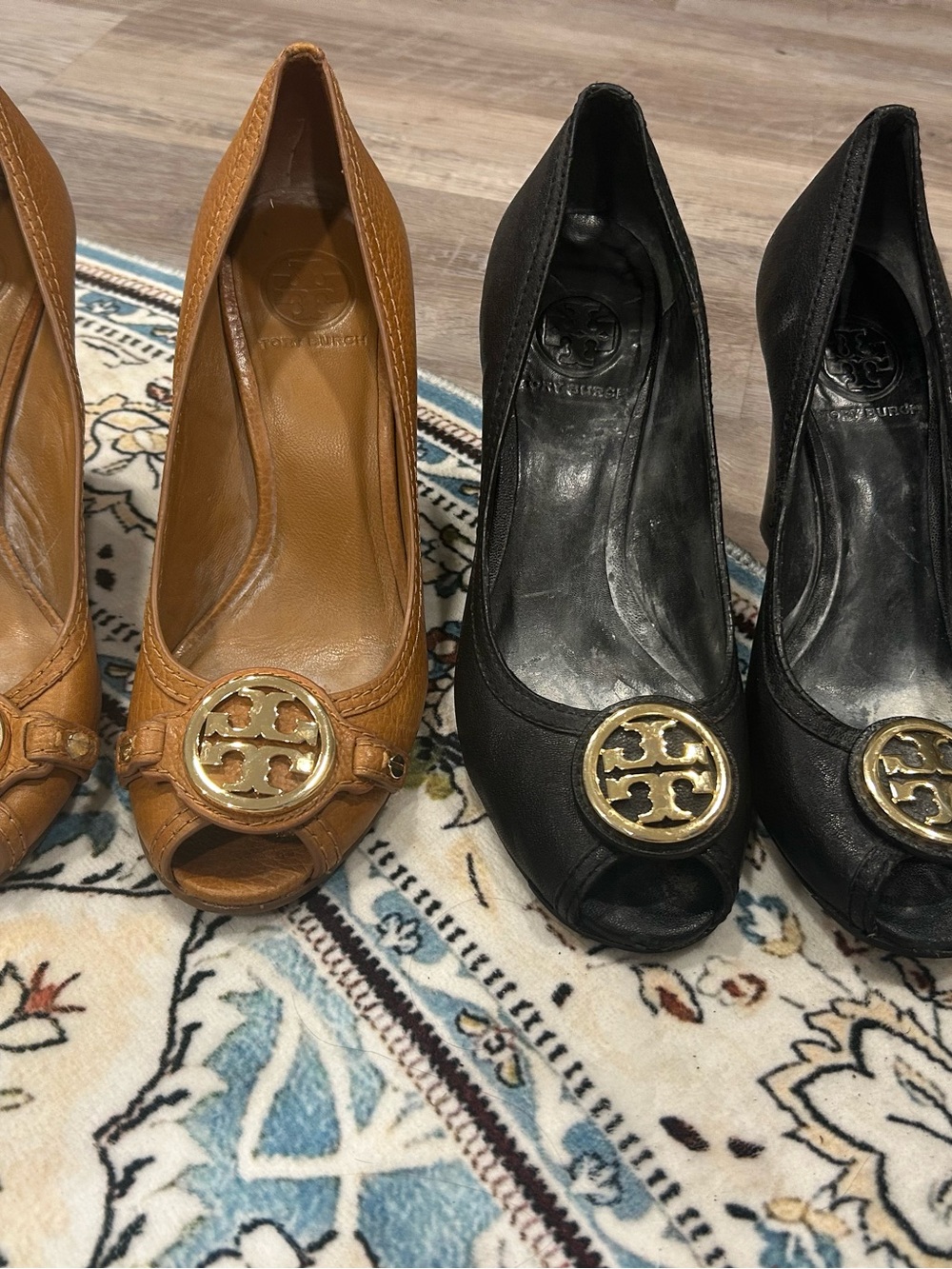 Tory Burch BOGO Peep-Toe Heels with Gold Logo Medallion in Black and Cognac